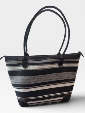 Mayan Hands Handmade Black Woven Tote Fair Trade Artisan Cotton Leather Handles